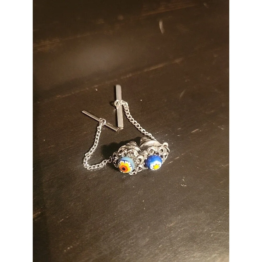 Vintage Glass Bead (Flower) Silver Tie Tacks - Picture 1 of 5